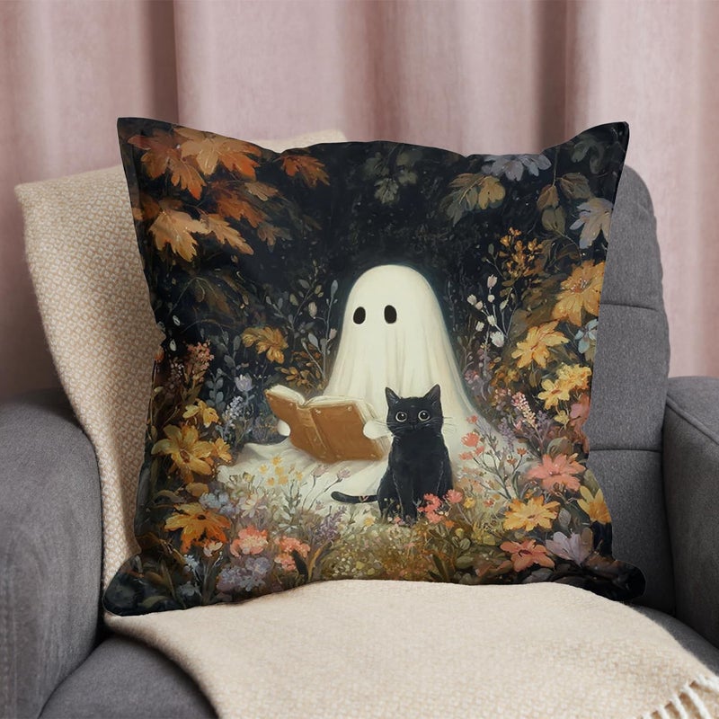 RBAFAO Vintage Floral Throw Pillow Covers, Vintage Flower Pattern Double Sided Cushion Cover, Indoor and Outdoor Home Art Decor Pillowcase for Sofa or Bedroom Decor 18x18inches (Ghost&Cat, 18x18inches) - Image 3